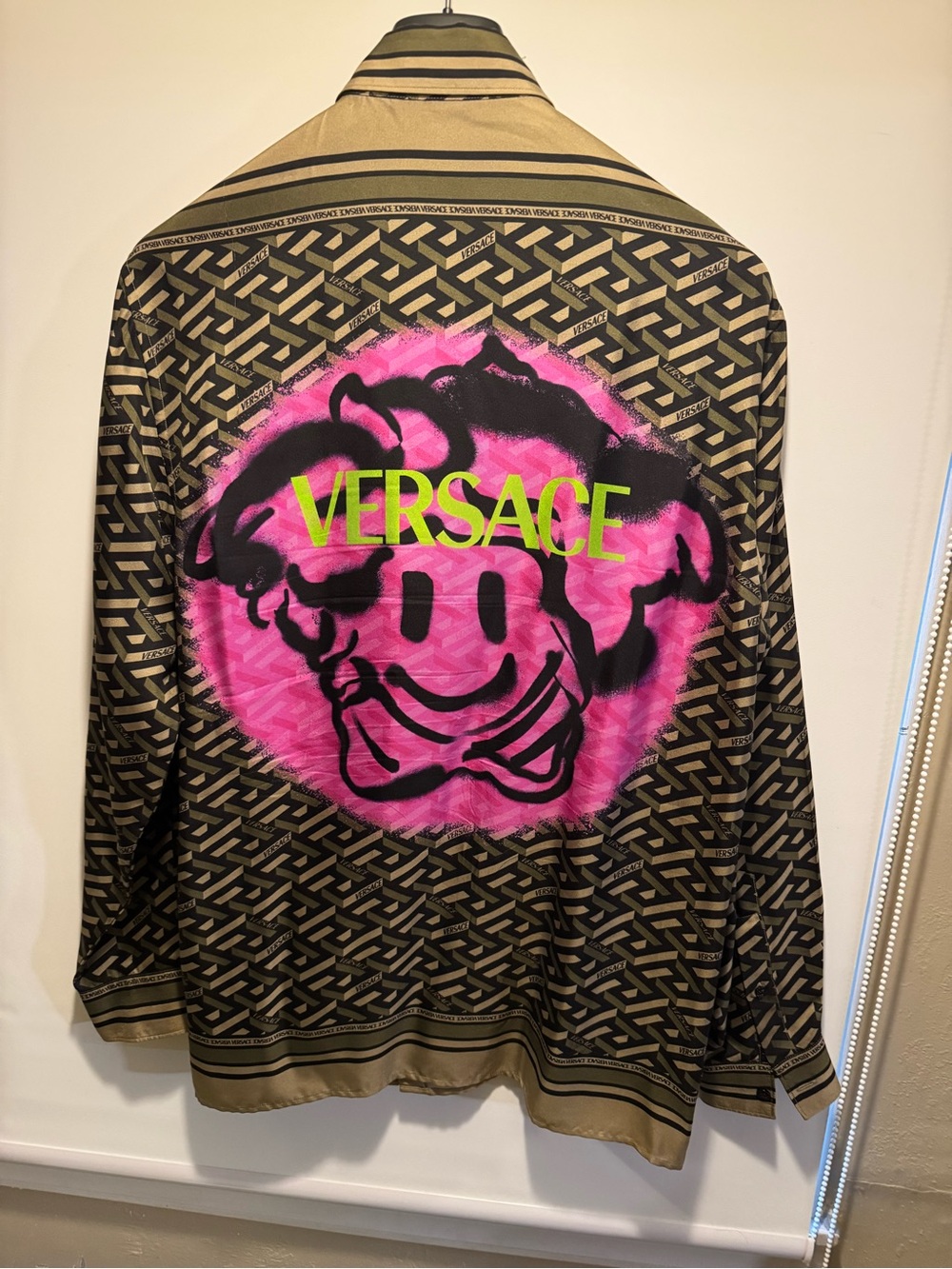 Versace Olive Geometric & Hot Pink Graphic Silk Shirt
